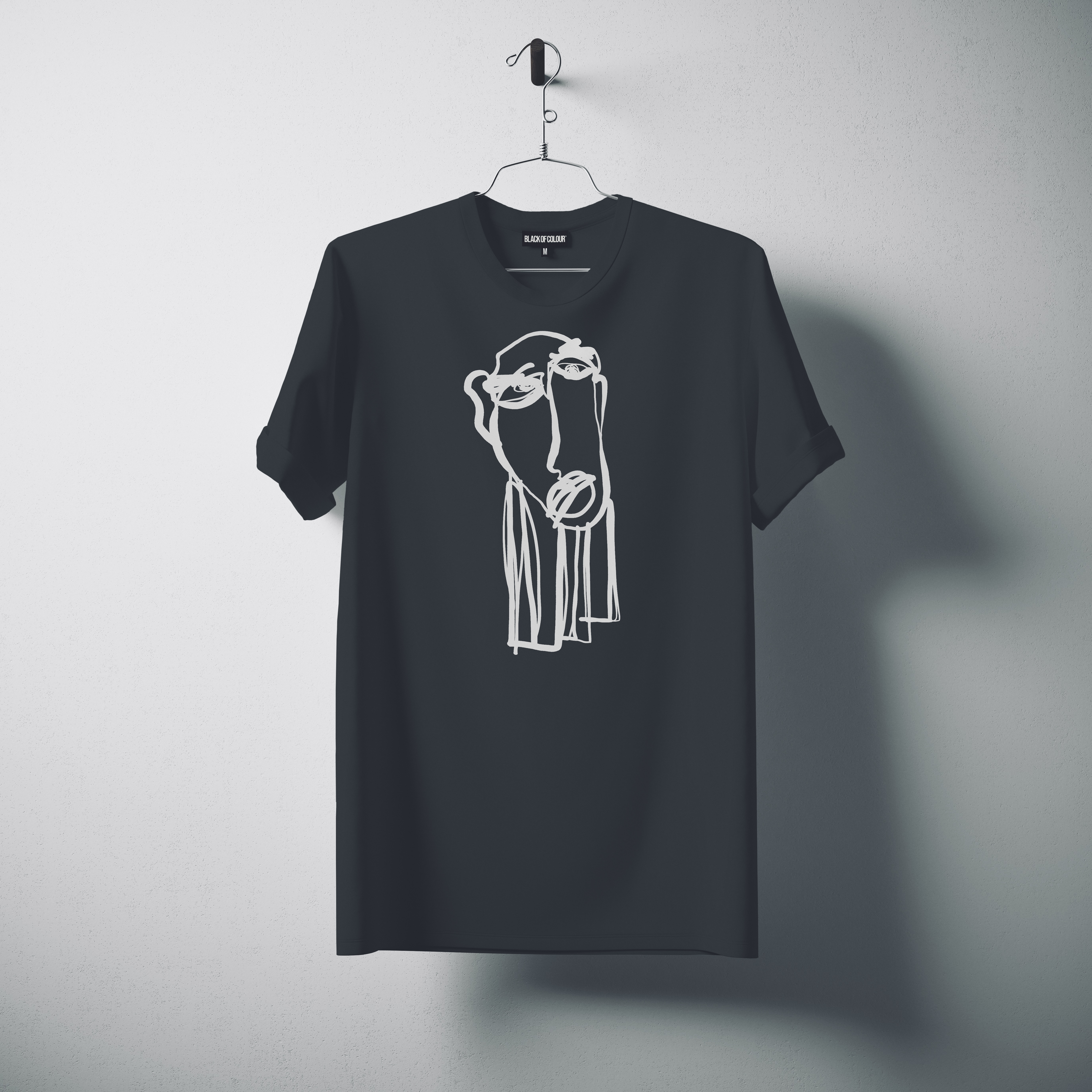 White Blank Cotton Tshirt Hanging Center Gray Concrete Empty Wall Background.Mockup Highly Detailed Texture Materials.Clear Label Space for Business Message. Square. 3D rendering