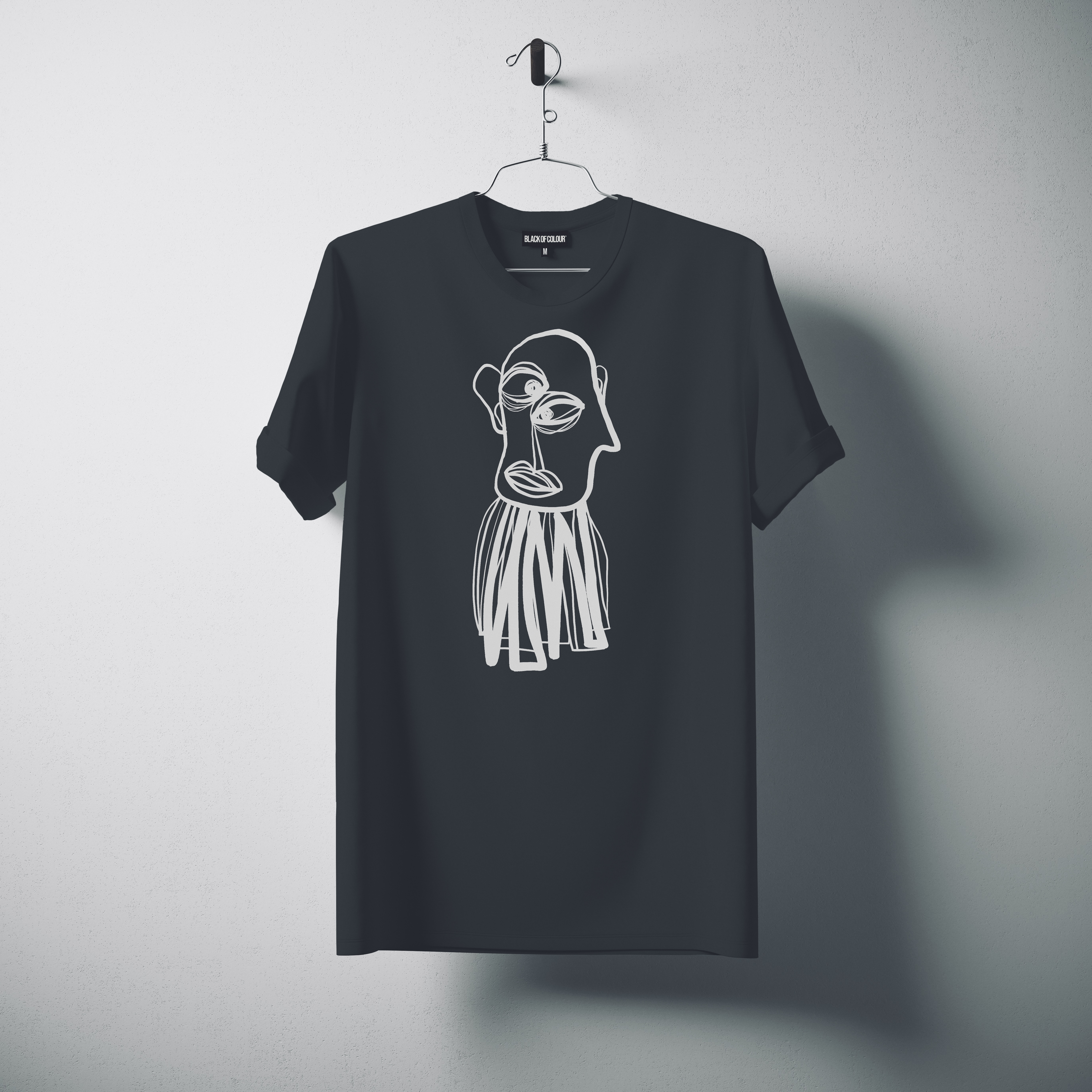 White Blank Cotton Tshirt Hanging Center Gray Concrete Empty Wall Background.Mockup Highly Detailed Texture Materials.Clear Label Space for Business Message. Square. 3D rendering